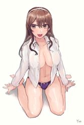 Rule 34 | 1girl, ashigara (kancolle), barefoot, breasts, brown eyes, brown hair, cleavage, dress shirt, fang, full body, hairband, highres, kantai collection, large breasts, long hair, miyako (rgrayt), no bra, open clothes, open mouth, open shirt, panties, purple panties, shirt, simple background, sitting, smile, solo, underwear, wariza, wavy hair, white background, white hairband, white shirt