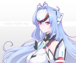 Rule 34 | 1girl, ahoge, android, aqua hair, breasts, character name, closed mouth, forehead protector, glowing, grey background, headpiece, highres, kos-mos, kos-mos re:, large breasts, long hair, looking at viewer, mochimochi (xseynao), nintendo, parted bangs, red eyes, science fiction, simple background, solo, two-tone background, upper body, white background, xenoblade chronicles (series), xenoblade chronicles 2, xenosaga
