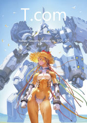 Rule 34 | 1girl, android, aqua eyes, artist name, bird, bodysuit, breasts, cable, clenched hands, collar, cover, covered navel, crotch plate, flower, from below, gloves, green eyes, hat, hat flower, highres, horizon, looking afar, looking to the side, machine, mecha, navel, ocean, original, platinum blonde hair, robot, science fiction, serious, short hair, silver hair, sky, small breasts, solo, source request, standing, straw hat, takayama toshiaki, toshiaki takayama, very short hair, water, white gloves, wire