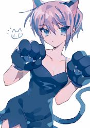 Rule 34 | 1girl, animal ears, animal hands, black dress, black eyes, breasts, cat ears, cat tail, cleavage, closed mouth, collarbone, commentary request, dress, expressionless, gloves, highres, mochoeru, nagato yuki, paw gloves, paw pose, purple hair, simple background, small breasts, solo, suzumiya haruhi no yuuutsu, tail, white background