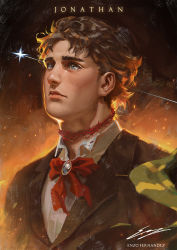 Rule 34 | 1boy, absurdres, artist name, blouse, bow, bowtie, character name, collared shirt, enzo fernandez, formal, highres, jojo no kimyou na bouken, jonathan joestar, looking up, male focus, phantom blood, realistic, shirt, signature, solo, star (sky), suit, thorns, upper body, white shirt