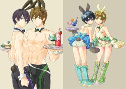 Rule 34 | 10s, 2boys, aged down, animal ears, animal print, ass, back-print panties, bad id, bad pixiv id, black hair, black jammers, black male swimwear, blue bow, blue eyes, blue footwear, boots, bow, bow skirt, brown hair, cross-laced footwear, detached collar, free!, full body, green eyes, green footwear, jammers, knee boots, lace-up boots, male focus, male playboy bunny, male swimwear, memeo (candy house), miniskirt, multiple boys, muscular, nanase haruka (free!), open mouth, panties, print panties, rabbit ears, rabbit tail, serving, shoes, short hair, skirt, smile, swimsuit, tachibana makoto, tail, topless male, tray, underwear