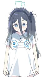 Rule 34 | 1girl, alternate costume, aris (blue archive), black hair, blanchat, blue archive, blue eyes, controller, flat chest, game controller, gamepad, halo, long hair, looking at viewer, shirt, side ponytail, smile, solo, t-shirt, white background