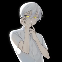Rule 34 | 1boy, black background, collared shirt, commentary, finger to own chin, hair between eyes, hand on own cheek, hand on own face, highres, kyoko (akakikyoko), looking at viewer, male focus, original, shirt, short hair, simple background, smile, solo, upper body, white shirt, yellow eyes