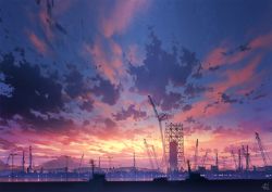 Rule 34 | blue sky, blurry, blurry foreground, cityscape, cloud, cloudy sky, commentary request, crane (machine), depth of field, gradient sky, mocha (cotton), no humans, original, river, scaffolding, scenery, signature, sky, sunset, water, yellow sky