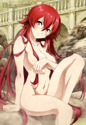 Rule 34 | 1girl, absurdres, bathing, blush, breasts, closed mouth, covering privates, covering breasts, earnest flaming, eiyuu kyoushitsu, feet, hair between eyes, hair over breasts, highres, knee up, long hair, looking at viewer, magazine scan, medium breasts, megami magazine, navel, nude, official art, onsen, red eyes, red hair, scan, sitting, solo, steam, thighs, towel, very long hair, water, wet