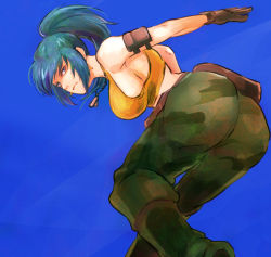 Rule 34 | 1girl, ass, blue background, blue eyes, blue hair, breasts, camouflage, cargo pants, closed mouth, dog tags, earrings, jewelry, leona heidern, military, military uniform, mojyavoltage6, pants, ponytail, pouch, serious, sideboob, soldier, solo, tank top, the king of fighters, the king of fighters xiv, triangle earrings, twisted torso, uniform, yellow tank top