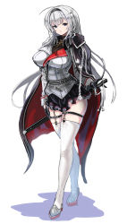 Rule 34 | 1girl, absurdres, azur lane, black cape, black gloves, black hairband, black skirt, blue eyes, breasts, buttons, cape, cleavage, double-breasted, full body, gloves, grey footwear, hairband, hand on hilt, hey taisyou, highres, jacket, large breasts, leg strap, long hair, mainz (azur lane), microskirt, pleated skirt, red cape, sheath, sheathed, simple background, skirt, solo, thigh strap, thighhighs, two-tone cape, white background, white hair, white jacket, white thighhighs