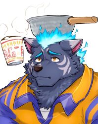 Rule 34 | 1boy, aidemcc, bara, commentary, cooking, fiery hair, furlong (live a hero), furry, furry male, highres, hyena boy, hyena ears, live a hero, looking up, male focus, nissin cup noodle, saucepan, steam, symbol-only commentary, white background