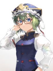 Rule 34 | 1girl, absurdres, asuka shirou, blue eyes, blue hat, chinese clothes, commentary, frilled hat, frilled sleeves, frills, glasses, green hair, hat, highres, juliet sleeves, long sleeves, looking at viewer, puffy sleeves, shiki eiki, short hair, simple background, solo, touhou, vest, white background