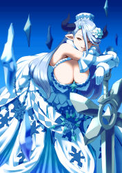 Rule 34 | 10s, 1girl, asymmetrical bangs, atatatamu, bare shoulders, bent over, blue hair, breasts, cleavage, draph, dress, elbow gloves, flower, fur trim, gloves, granblue fantasy, hair between eyes, hair flower, hair ornament, hat, highres, horns, ice, izmir, large breasts, leaning on object, long hair, looking at viewer, pointy ears, smile, snowflake hair ornament, snowflake print, solo, swept bangs, sword, weapon, white gloves