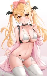 Rule 34 | 1girl, absurdres, animal ears, bare shoulders, bikini, black choker, blonde hair, breasts, cat ears, cat girl, cat tail, choker, cleavage, collarbone, halterneck, highres, hololive, jacket, kemonomimi mode, large breasts, long hair, long sleeves, looking at viewer, navel, off shoulder, open clothes, open jacket, parted lips, pink jacket, side-tie bikini bottom, simple background, solo, stomach, strap pull, string bikini, swimsuit, tail, thighhighs, thighs, twintails, uni ikura, untied bikini, virtual youtuber, white background, white thighhighs, yellow eyes, yozora mel