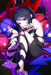 Rule 34 | 1girl, absurdres, asymmetrical wings, black dress, black hair, black thighhighs, blue nails, blue wings, closed mouth, dress, feet, fingernails, foot focus, highres, houjuu nue, mizoreshi, nail polish, pointy ears, polearm, red eyes, red nails, red wings, short dress, short hair, smile, soles, solo, thighhighs, toeless legwear, toenails, toes, torn clothes, torn dress, touhou, trident, ufo, weapon, wings