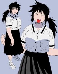 1girl black_hair black_skirt fangs full_body highres long_skirt messy_hair mojo open_mouth original ponytail shirt skirt socks tanaka_kaga white_footwear white_shirt white_socks