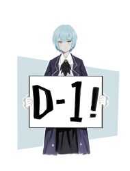 Rule 34 | 1girl, absurdres, angela (project moon), black skirt, blue coat, blue hair, closed mouth, coat, collared shirt, countdown, frilled sleeves, frills, gloves, highres, holding, holding sign, library of ruina, light smile, long sleeves, looking at viewer, nai ga, official art, project moon, shirt, short hair, sign, skirt, smile, solo, white gloves, white shirt