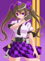 Rule 34 | 1girl, bad id, belt, black wings, bow, breasts, brown hair, cellphone, checkered clothes, checkered skirt, crossover, hair bow, hair ribbon, hat, henshin, henshin pose, highres, himekaidou hatate, kamen rider, kamen rider 555, kamen rider kaixa, long hair, looking at viewer, necktie, parody, phone, purple eyes, ribbon, rider belt, skirt, solo, standing, touhou, tsukushi (741789), twintails, weapon, wings