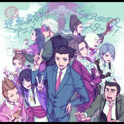 Rule 34 | 6+girls, :d, :o, ace attorney, arm belt, ascot, beard, bikini (ace attorney), black hair, black vest, blue hair, blue suit, braid, brown hair, capcom, chain, coffee mug, crossed arms, crown braid, cup, dahlia hawthorne, dick gumshoe, envelope, facial hair, formal, franziska von karma, godot (ace attorney), green jacket, grey hair, habit, hair rings, highres, holding, holding staff, index finger raised, iris (ace attorney), jacket, jewelry, larry butz, lock, magatama, magatama necklace, maya fey, miles edgeworth, misty fey, mole, mole under eye, mug, multiple girls, necklace, necktie, open mouth, own hands together, paintbrush, pearl fey, phoenix wright, phoenix wright: ace attorney - trials and tribulations, pink sweater, red hair, red neckwear, sideburns, sidelocks, smile, spiked hair, spoilers, staff, steam, suit, sweater, tukino parette, twitter username, updo, v, valerie hawthorne, vest, visor, white hair, white neckwear