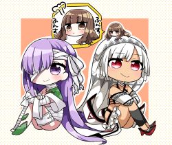 Rule 34 | 3girls, absurdres, altera (fate), bandage over one eye, bandaged arm, bandaged leg, bandages, bare shoulders, barefoot, black legwear, blue shirt, blunt bangs, blush, brown background, brown eyes, brown hair, chibi, chibi on head, closed mouth, commentary request, dark-skinned female, dark skin, detached sleeves, fate/extra, fate/grand order, fate (series), highres, jako (jakoo21), kingprotea (fate), kishinami hakuno (female), long hair, long sleeves, mini person, minigirl, moss, multiple girls, on head, polka dot, polka dot background, purple eyes, purple hair, red eyes, red footwear, shirt, shoes, sitting, translation request, two-tone background, v-shaped eyebrows, very long hair, white background, white hair, white sleeves