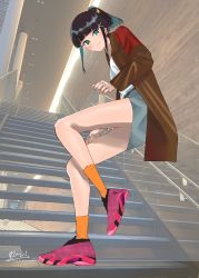 Rule 34 | 1girl, absurdres, alternate hairstyle, aqua eyes, artist name, artist request, bare legs, belt, black belt, black hair, blue pants, blue shorts, blunt bangs, brown jacket, collarbone, female focus, full body, green eyes, hair ornament, hairclip, high ponytail, highres, indoors, jacket, kurosawa dia, long hair, long sleeves, looking at viewer, love live!, love live! sunshine!!, mole, mole under mouth, open clothes, open jacket, pants, pink footwear, shirt, shoes, short ponytail, shorts, sneakers, socks, solo, stairs, standing, standing on one leg, white shirt