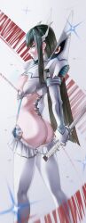 Rule 34 | 1girl, absurdres, ass, black hair, boots, breasts, cameltoe, cleavage, from side, gloves, highres, holding, holding sword, holding weapon, junketsu, kill la kill, kiryuuin satsuki, large breasts, long hair, looking at viewer, purple eyes, revealing clothes, sidelocks, solo, straight hair, sword, thick eyebrows, thigh boots, unsheathed, very long hair, waligner, weapon, white background, white footwear, white gloves