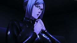 Rule 34 | 10s, 1girl, animated, animated gif, anime screenshot, bodysuit, bouncing breasts, breasts, glasses, grey hair, huge breasts, impossible clothes, latex, lowres, nervous sweating, prison school, screencap, shiraki meiko, short hair, skin tight, solo, sweat, wet, white hair