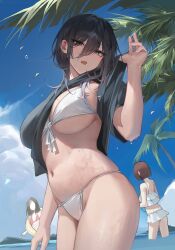 Rule 34 | 3girls, absurdres, bara (03 bara ), bikini, black hair, blue eyes, blue sky, breasts, clothes lift, day, hair ornament, highres, large breasts, lifted by self, looking at viewer, multiple girls, navel, ocean, original, outdoors, shirt lift, sky, solo focus, stomach, swimsuit, wading, water, wet, white bikini, yokoyama ishimi