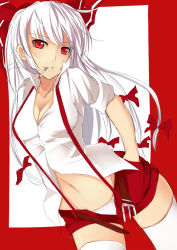 Rule 34 | 1girl, belt, bow, breasts, cigarette, cleavage, female focus, fujiwara no mokou, grin, hair bow, hands in pockets, long hair, nanahara fuyuki, navel, open belt, open clothes, panties, red eyes, shirt, shorts, sleeves rolled up, smile, smoking, solo, suspenders, thighhighs, touhou, underwear, undone, very long hair, white hair, white panties, white shirt, white thighhighs