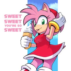 Rule 34 | 1girl, amy rose, boots, dress, eyelashes, food, gloves, green eyes, headband, hedgehog, highres, holding, holding hair, hyoumaru, ice cream, jewelry, looking at viewer, pink fur, red dress, red headband, ring, smile, solo, sonic (series), thighs, tongue, tongue out