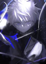 Rule 34 | 1boy, black shirt, blurry, blurry foreground, closed mouth, colored skin, commentary, english commentary, expressionless, grey eyes, hair between eyes, hunter x hunter, killua zoldyck, light particles, looking at viewer, male focus, otsumami (bu-bu-heaven), outstretched arm, reaching, reaching towards viewer, shadow, shirt, short hair, solo, spiked hair, straight-on, upper body, v-neck, white hair, white shirt, white skin