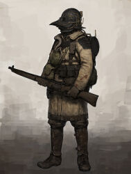 1other ammunition_pouch ariel_perez backpack bag boot_straps coat fantasy full_body gun helmet highres holding holding_gun holding_weapon load_bearing_vest looking_at_viewer original pouch rifle soldier solo trench_coat weapon