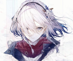 Rule 34 | 1girl, absurdres, blue eyes, blue jacket, braid, bright pupils, cropped shoulders, eyes visible through hair, flower, frills, hair between eyes, hair flower, hair ornament, hair over one eye, highres, hito komoru, huge filesize, izayoi sakuya, jacket, looking at viewer, maid headdress, parted lips, portrait, red scarf, scarf, short hair, side braids, silver hair, simple background, solo, touhou, twin braids, white background, white pupils