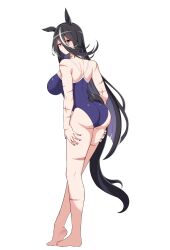 Rule 34 | 1girl, absurdres, ahoge, alternate costume, animal ears, ass, bails, bare arms, bare legs, bare shoulders, barefoot, black hair, blank stare, blue one-piece swimsuit, blush, breasts, closed mouth, collarbone, commentary request, competition school swimsuit, double-parted bangs, earrings, from above, full body, hair between eyes, hands on own thighs, highres, horse ears, horse girl, horse tail, jewelry, large breasts, long hair, looking at viewer, multiple scars, one-piece swimsuit, red eyes, scar, scar across eye, scar on face, school swimsuit, simple background, single earring, solo, straight hair, sunday silence (racehorse), swimsuit, tail, thighs, umamusume, white background