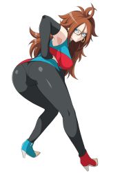 Rule 34 | 1girl, android 21, arm warmers, armpits, ass, bare shoulders, big hair, black-framed eyewear, black pantyhose, blue eyes, breasts, brown hair, checkered clothes, checkered dress, closed mouth, curly hair, curvy, detached sleeves, dragon ball, dragon ball fighterz, dress, earrings, from behind, glasses, haruhisky, high heels, highres, hip focus, hoop earrings, jewelry, large breasts, long hair, looking at viewer, looking back, multicolored boots, multicolored clothes, pantyhose, shiny skin, sideboob, simple background, sleeveless, sleeveless dress, solo, standing, thick thighs, thighs, white background, wide hips