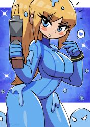 1girl angry blonde_hair blue_background blue_bodysuit blue_eyes blue_gloves blush bodysuit breasts creature energy_gun gloves gun heart holding holding_gun holding_weapon large_breasts long_hair looking_at_viewer metroid nintendo paralyzer parted_lips ponytail ray_gun samus_aran slime_(creature) slime_(substance) smoke smoking_barrel sparkle speech_bubble spoken_heart standing teeth thick_thighs thighs tony_welt weapon wide_hips wristband zero_suit