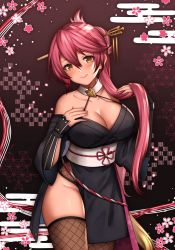 Rule 34 | 1girl, absurdres, annno ans, arm guards, bare shoulders, blush, breasts, choker, cleavage, eiyuu densetsu, falcom, fishnets, floral background, flower, flower knot, hair ornament, hairpin, hand on own chest, head tilt, highres, holding, holding own hair, japanese clothes, large breasts, long hair, looking at viewer, ninja, patterned background, pink hair, revealing clothes, sara valestein, sash, sen no kiseki, side slit, smile, solo, standing, thighhighs, thighs, very long hair, white sash, yellow eyes