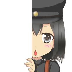 Rule 34 | 10s, 1girl, akitsu maru (kancolle), black eyes, black hair, chestnut mouth, hat, kantai collection, looking at viewer, nagineko, open mouth, peaked cap, peeking out, school uniform, short hair, solo, transparent background, triangle mouth