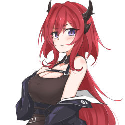 Rule 34 | 1girl, arknights, bare shoulders, belt, black belt, black dress, black jacket, breasts, chest belt, cleavage, closed mouth, demon horns, detached collar, dress, hair between eyes, hair intakes, horns, jacket, large breasts, long hair, long sleeves, looking at viewer, maiq06, off shoulder, open clothes, open jacket, purple eyes, red hair, short dress, simple background, solo, surtr (arknights), upper body, white background