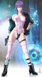 Rule 34 | 1girl, belt, boots, breasts, buckle, cleavage, cyborg, female focus, fingerless gloves, full body, ghost in the shell, ghost in the shell stand alone complex, gloves, gun, highleg, highleg leotard, highres, jacket, kusanagi motoko, leather, leather jacket, leotard, purple eyes, purple hair, red eyes, short hair, solo, tatsumaru, thigh strap, thighhighs, thighs, thong leotard, weapon