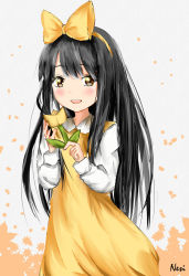 Rule 34 | 1girl, artist name, bad id, bad pixiv id, black hair, bow, brown eyes, devotion, dress, du meishin, flower, hair bow, long hair, long sleeves, looking at viewer, nesi (etin 201095), origami, pinafore dress, shirt, simple background, sleeveless dress, smile, solo, standing, tulip, white shirt, yellow bow, yellow dress, yellow flower