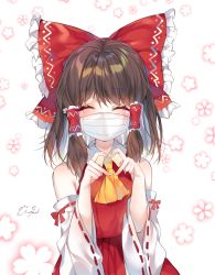Rule 34 | 1girl, bad id, bad pixiv id, bare shoulders, blush, bow, brown hair, closed eyes, commentary, coronavirus pandemic, cowboy shot, detached sleeves, facing viewer, floral background, frilled bow, frills, hair between eyes, hair bow, hair tubes, hakurei reimu, heart, heart hands, highres, large bow, long hair, long sleeves, mask, mouth mask, red bow, ribbon-trimmed sleeves, ribbon trim, sidelocks, solo, symbol-only commentary, touhou, upper body, urim (paintur), white background, wide sleeves, yellow neckwear