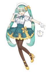 Rule 34 | 1girl, aqua hair, artist logo, artist name, black pantyhose, blue bow, blue bowtie, blue eyes, blue skirt, bow, bowtie, commentary, eighth note, frilled skirt, frills, full body, gloves, hand up, hat, hatsune miku, high-waist skirt, high heels, highres, long hair, looking at viewer, musical note, open mouth, pantyhose, petticoat, shirt, short sleeves, simple background, skirt, smile, solo, twintails, very long hair, vocaloid, wandu mook, white background, white gloves, white hat, white shirt, yellow bow, yellow footwear, yellow skirt