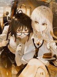 Rule 34 | 1girl, 1other, ahoge, black hair, cake, crossed legs, eating, enma-chan, food, food on face, funi mu9, glasses, halo, highres, hololive, hololive english, long hair, necktie, omega alpha, pantyhose, pantyhose under shorts, school uniform, sepia, shorts, very long hair, virtual youtuber, white hair