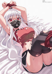 Rule 34 | 1girl, absurdres, ahoge, arms up, artist name, ass, bdsm, bed sheet, black choker, black mask, black shorts, bondage, bound, breasts, choker, commentary request, crop top, feet out of frame, highres, kim nag-seo, knees up, long hair, looking at viewer, lying, mask, mouth mask, on back, original, red eyes, red shirt, shirt, short shorts, short sleeves, shorts, solo, sweat, thighhighs, thighs, torn clothes, torn shirt, torn thighhighs, very long hair, white hair