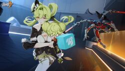 Rule 34 | 2girls, ai-chan (chrono navi) (honkai impact), ai-chan (honkai impact), android, barcode, barcode tattoo, bare shoulders, black dress, black gloves, breasts, chasing, chibi, cleavage, cleavage cutout, clothing cutout, double bun, dress, dual wielding, fingerless gloves, gloves, green eyes, hair bun, hair ornament, highres, holding, holding sword, holding weapon, honkai (series), honkai impact 3rd, interior, long hair, medium breasts, multiple girls, official art, open mouth, orange eyes, running, sword, tattoo, twintails, very long hair, weapon, wooden floor