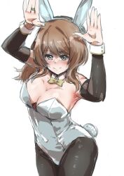 Rule 34 | 1girl, animal ears, arms up, assault lily, bare shoulders, black pantyhose, blush, bow, bowtie, breasts, brown hair, cleavage, closed mouth, commentary request, covered navel, cowboy shot, detached collar, detached sleeves, embarrassed, fake animal ears, fake tail, grey eyes, hairband, highres, hundred brazil, iijima renka, jewelry, large breasts, leotard, long hair, long sleeves, low ponytail, nose blush, open hands, pantyhose, playboy bunny, rabbit ears, rabbit pose, rabbit tail, ring, side ponytail, sidelocks, sketch, solo, standing, strapless, strapless leotard, sweat, tail, tearing up, wavy mouth, white background, white hairband, white leotard, yellow bow, yellow bowtie