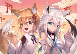 Rule 34 | 2girls, :d, absurdres, ahoge, animal ear fluff, animal ears, blue eyes, brown eyes, brown hair, closed mouth, cloud, commentary request, crossover, detached sleeves, double fox shadow puppet, fang, flower, fox ears, fox girl, fox shadow puppet, fox tail, hair flower, hair ornament, highres, hololive, japanese clothes, kimono, long hair, long sleeves, looking at viewer, looking to the side, masaki (msk064), multiple girls, open mouth, red flower, ribbon-trimmed sleeves, ribbon trim, senko (sewayaki kitsune no senko-san), sewayaki kitsune no senko-san, shirakami fubuki, shirt, silver hair, sleeveless, sleeveless shirt, smile, tail, tail raised, torii, upper body, very long hair, virtual youtuber, white kimono, white shirt, wide sleeves