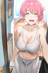 Rule 34 | 1girl, :d, ^ ^, alternate costume, bare arms, bare shoulders, blush, bocchi the rock!, breasts, cellphone, cleavage, closed eyes, collarbone, crop top, doorway, facing viewer, gotoh michiyo, grey pants, hews, highres, holding, holding phone, indoors, large breasts, midriff, navel, onlyfans, open mouth, opening door, pants, phone, pink hair, pov doorway, sleeveless, smartphone, smile, solo, sports bra, stomach, sweat, thighs, white sports bra, wooden floor, yoga pants