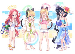 Rule 34 | 4girls, :d, :o, ^ ^, animal ear headphones, animal ears, aris (blue archive), bag, ball, bare arms, bare legs, bare shoulders, barefoot, beachball, bikini, black hair, blonde hair, blue archive, blue bikini, blue eyes, blush, bow, casual one-piece swimsuit, cat ear headphones, cat ears, cat tail, chopsticks, closed eyes, collarbone, commentary request, cup, day, disposable cup, drinking straw, fake animal ears, flower, forehead, green bikini, green eyes, hair between eyes, halo, hands up, harada (sansei rain), hat, hat flower, headphones, hibiscus, highres, holding, holding ball, holding chopsticks, holding cup, holding swim ring, hood, hood down, hooded jacket, innertube, jacket, long hair, long hair between eyes, midori (blue archive), momoi (blue archive), multiple girls, navel, one-piece swimsuit, open clothes, open jacket, open mouth, parted lips, pink bikini, red flower, red hair, sandals, sarong, short shorts, shorts, shoulder bag, siblings, side ponytail, sisters, smile, standing, striped, striped bow, sun hat, swim ring, swimsuit, tail, transparent, very long hair, wavy mouth, white footwear, white headwear, white jacket, white one-piece swimsuit, white shorts, yellow bow, yuzu (blue archive)