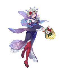 Rule 34 | 1girl, attack, crystal, fire emblem, fire emblem heroes, flower, green eyes, grey hair, hair flower, hair ornament, hair over one eye, hand fan, highres, holding, holding fan, japanese clothes, kimono, kvasir (fire emblem), kvasir (unknown future) (fire emblem), nintendo, non-web source, official alternate costume, official art, paper fan, short hair, solo, white background