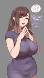 Rule 34 | 1girl, 2020, agawa ryou, artist name, belly, breasts, brown eyes, brown hair, commentary, covered navel, curvy, dated, dress, grey background, huge breasts, lips, long hair, looking at viewer, original, parted lips, purple dress, signature, simple background, smile, solo, spoken flower, thick thighs, thighs, wide hips